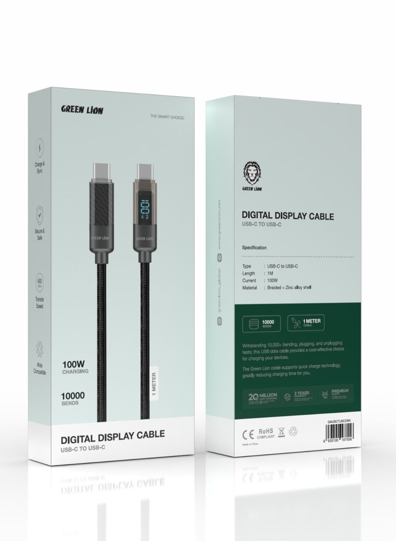 Digital Display Cable USB-C to USB-C / 100W Charging / Long Length / 10000 Bends / Charge & Sync / Secure & Safe / High Transfer Speed / Quick Charge Technology / Wide Compatible / LED Light - Black