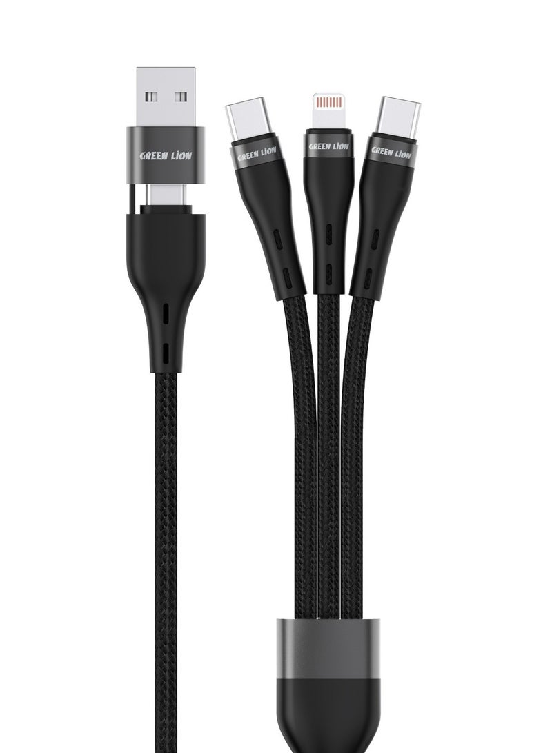 3 in 2 Braided Fast charging Cable / USB-A to Lightning / USB-C to Lightning / USB-C to USB-C / USB-A to USB-C / Long Length / 10000 Bends / Charge & Sync / Secure & Safe / High Transfer Speed / LED Light - Black