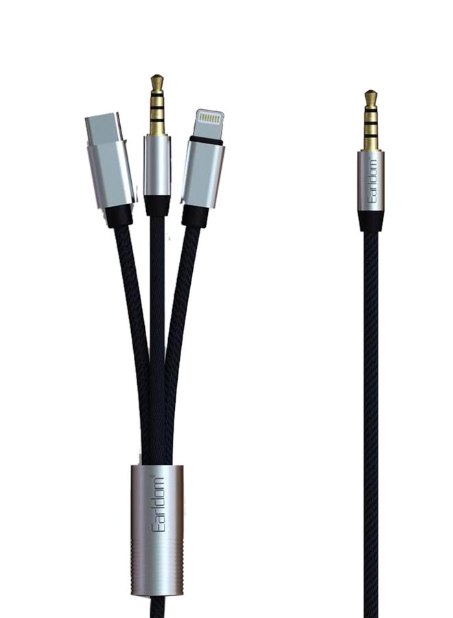 3 In 1 AUX Cable Type C BLACK/SILVER