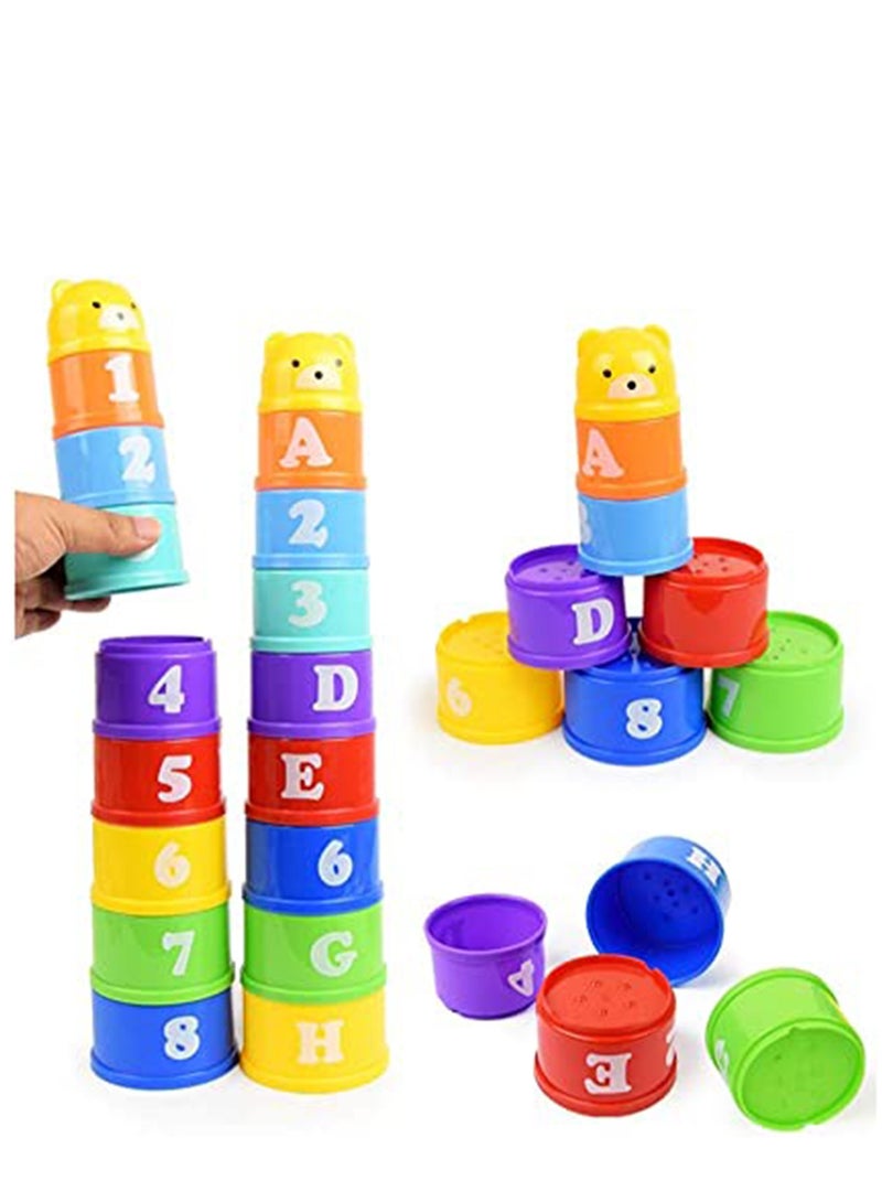 Stacking Cups, 9 pieces with letters and numbers, Sound Folding Cup Toy Stacking Cups Game Toy for Baby Kids Childrens Educational Toy Bath toys