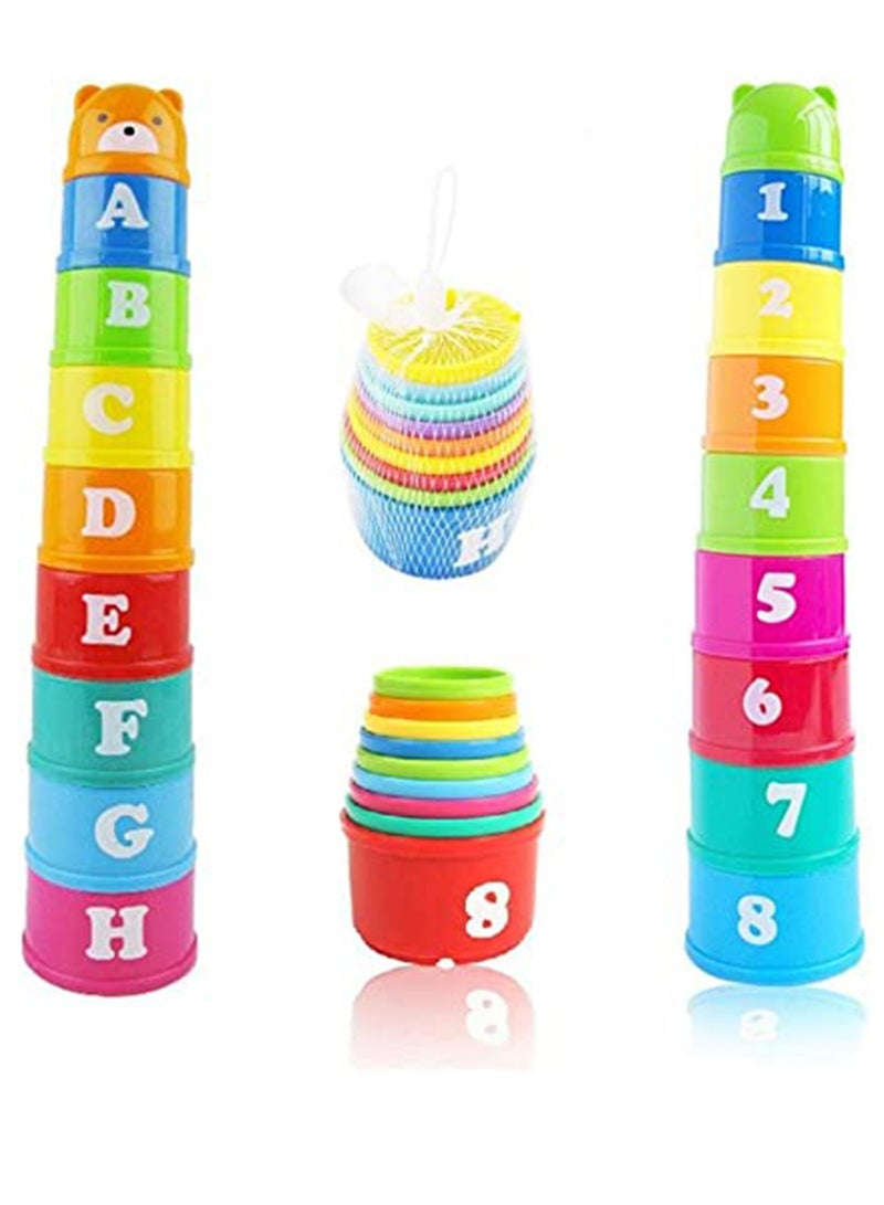 Stacking Cups, 9 pieces with letters and numbers, Sound Folding Cup Toy Stacking Cups Game Toy for Baby Kids Childrens Educational Toy Bath toys