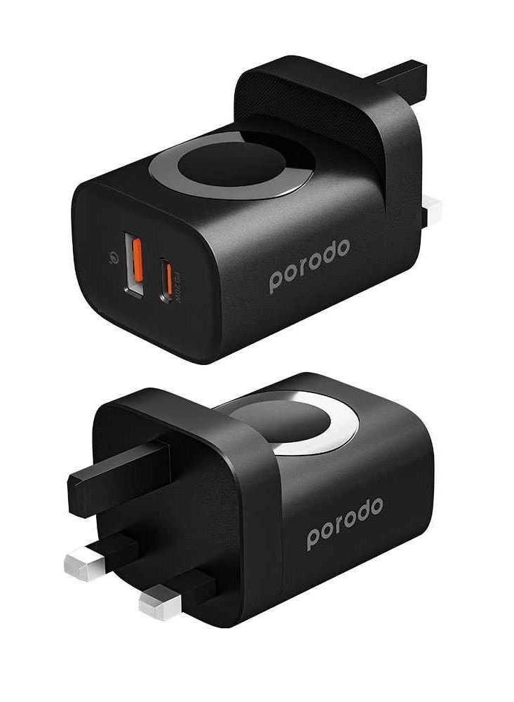 Wall Charger USB-A and USB-C Dual Port with Apple Watch Charger PD 20W- Black