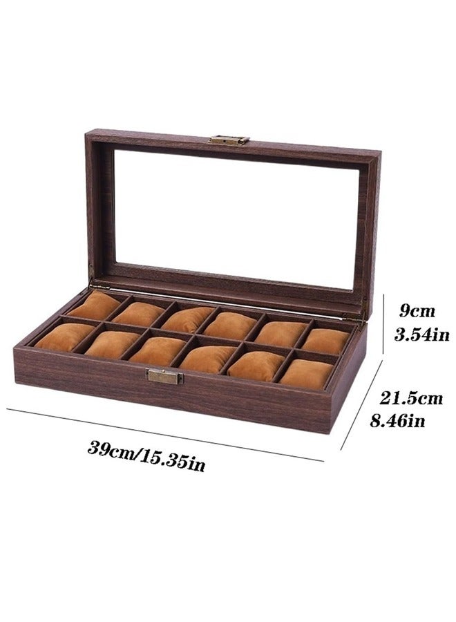 Luxury Watch Box Organizer for Men - 12 Compartment Wood Grain Watch Display Case with Ultra Smooth PU Leather Interior