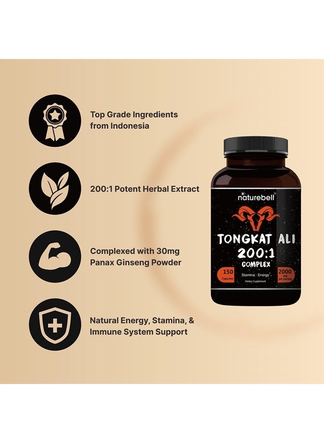 Tongkat Ali 200:1 (Longjack) Extract for Men, 2000mg Per Serving, 150 Capsules, Indonesia Origin, Eurycoma Longifolia | with Panax Ginseng for Energy, Stamina, & Male Health Support