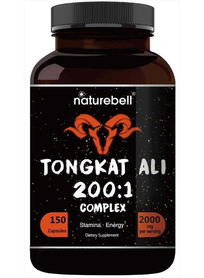 Tongkat Ali 200:1 (Longjack) Extract for Men, 2000mg Per Serving, 150 Capsules, Indonesia Origin, Eurycoma Longifolia | with Panax Ginseng for Energy, Stamina, & Male Health Support