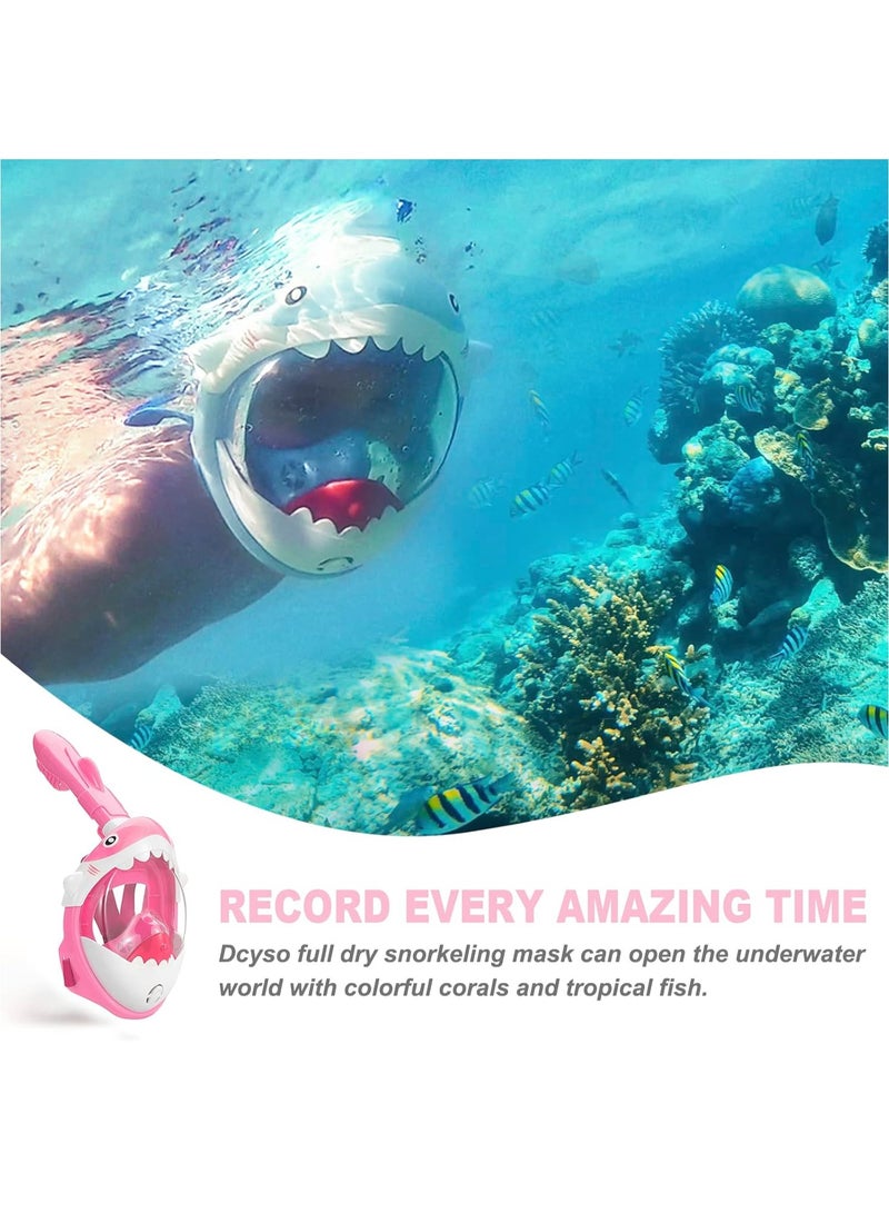 Diving Mask Children's Snorkel Mask Diving Mask Anti-Fog and Anti-Leak Technology Foldable Full Mask with 180° Field of View and Anti-Fog Shark Shape (Pink)