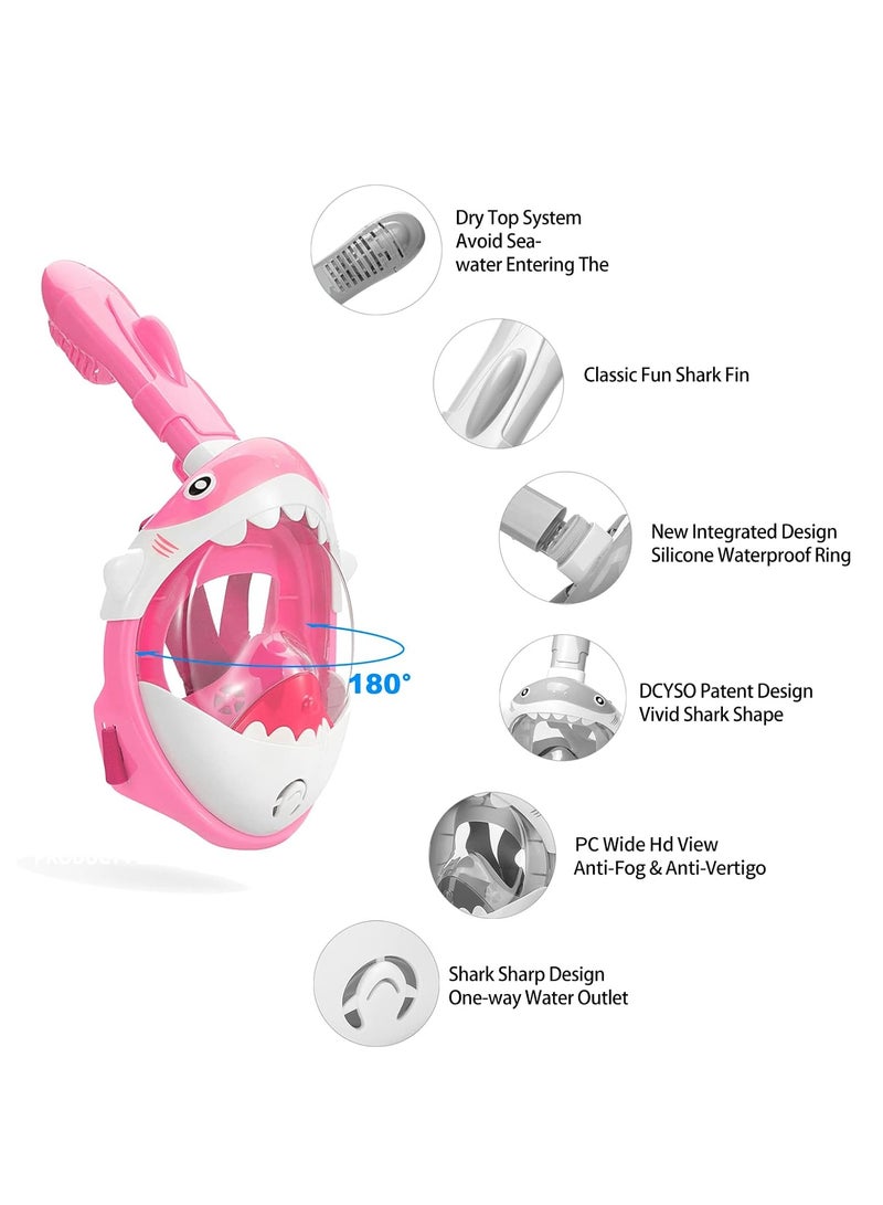 Diving Mask Children's Snorkel Mask Diving Mask Anti-Fog and Anti-Leak Technology Foldable Full Mask with 180° Field of View and Anti-Fog Shark Shape (Pink)