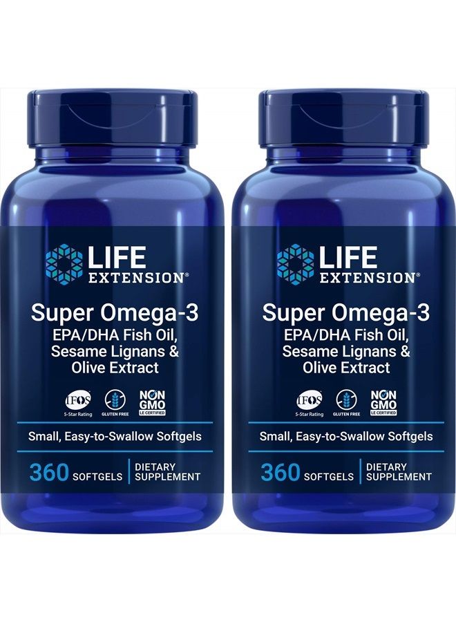 Super Omega-3 360 Softgels (Pack of 2), Easy to Swallow, EPA/DHA Omega3 Fish Oil, Sesame Lignans & Olive Extract