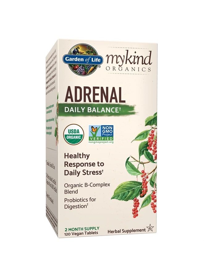 mykind Organics Adrenal Daily Balance, Adaptogenic Herbs Ashwagandha, Holy Basil, B Complex & Probiotics, Organic Non-GMO, Vegan, Gluten Free Supplement, Two Month Supply, 120 Tablets