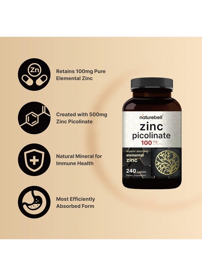 High Potency Zinc Picolinate 100mg - 240 Capsules, Bioavailable Form of Zinc for Immune Support and Skin Health - Non-GMO and Gluten- Zinc Supplements