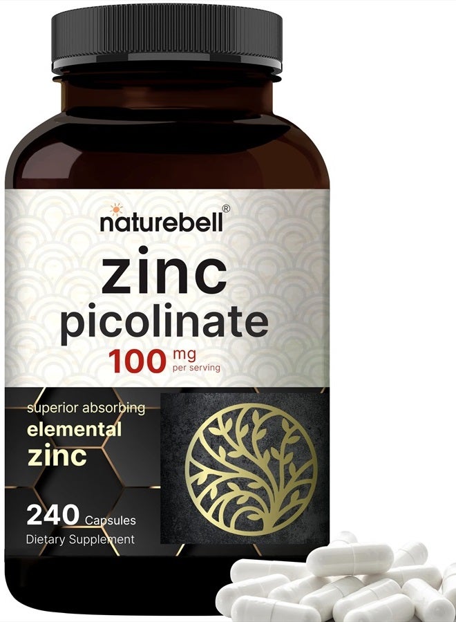 High Potency Zinc Picolinate 100mg - 240 Capsules, Bioavailable Form of Zinc for Immune Support and Skin Health - Non-GMO and Gluten- Zinc Supplements