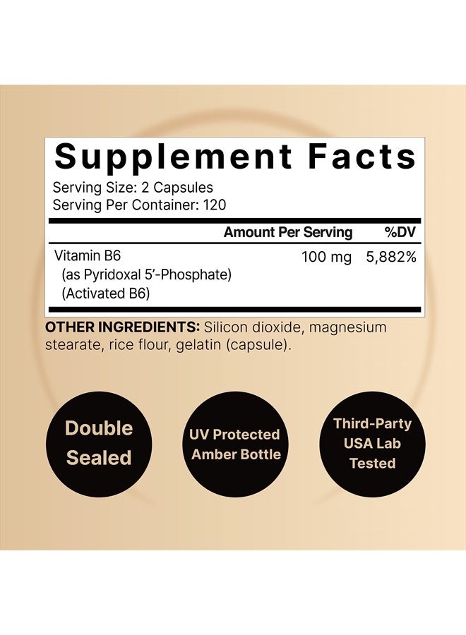 P5P Vitamin B6 100mg Per Serving, 240 Capsules | Activated Pyridoxal 5 Phosphate Supplements – Essential B Vitamins for Brain & Memory Health – Non-GMO