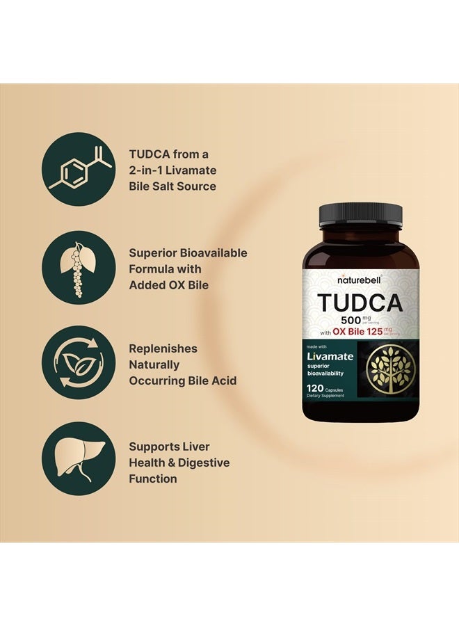 TUDCA 500mg with OX Bile 125mg Per Serving, 120 Capsules – High Absorption Livamate Formula, Natural Bitter Taste | Bile Salt Supplement | Third Party Tested