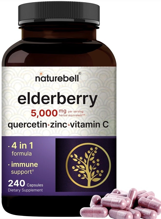 Sambucus Elderberry Capsules, 5000mg Per Serving with Quercetin 500mg, Vitamin C and Zinc, 240 Count | European Black Elderberry Fruit Extract – 4 in 1 Immune Support Supplements