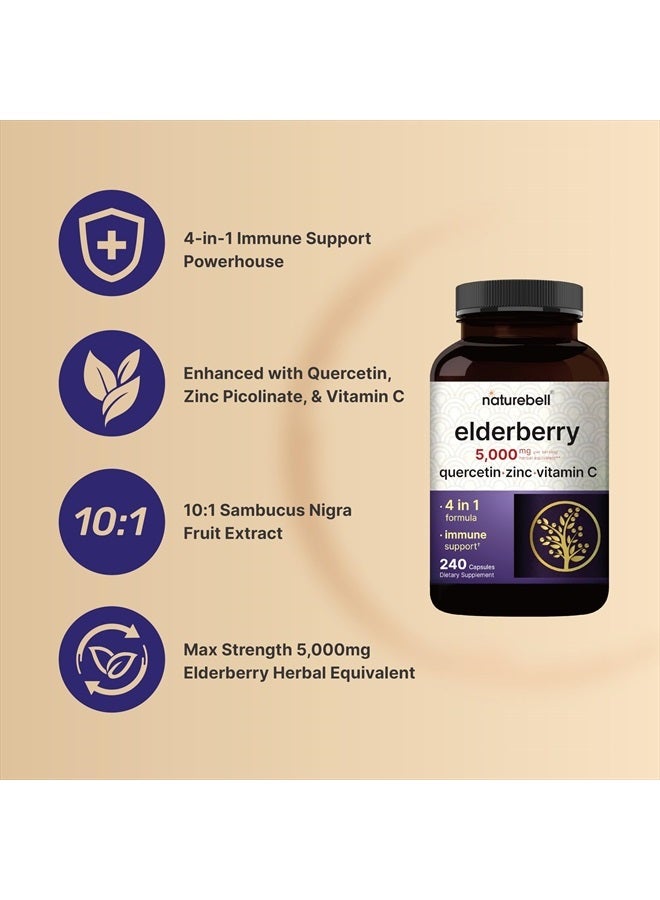 Sambucus Elderberry Capsules, 5000mg Per Serving with Quercetin 500mg, Vitamin C and Zinc, 240 Count | European Black Elderberry Fruit Extract – 4 in 1 Immune Support Supplements