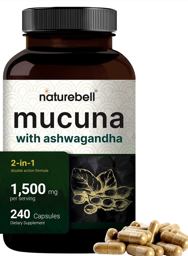 Mucuna Pruriens Capsules, Triple Strength 1500mg Per Serving, 2 in 1 Formula, Made with Mucuna and Ashwagandha, 240 Capsules, Potent Seed Extract, Positive Mood, Relaxation & Restoration Support