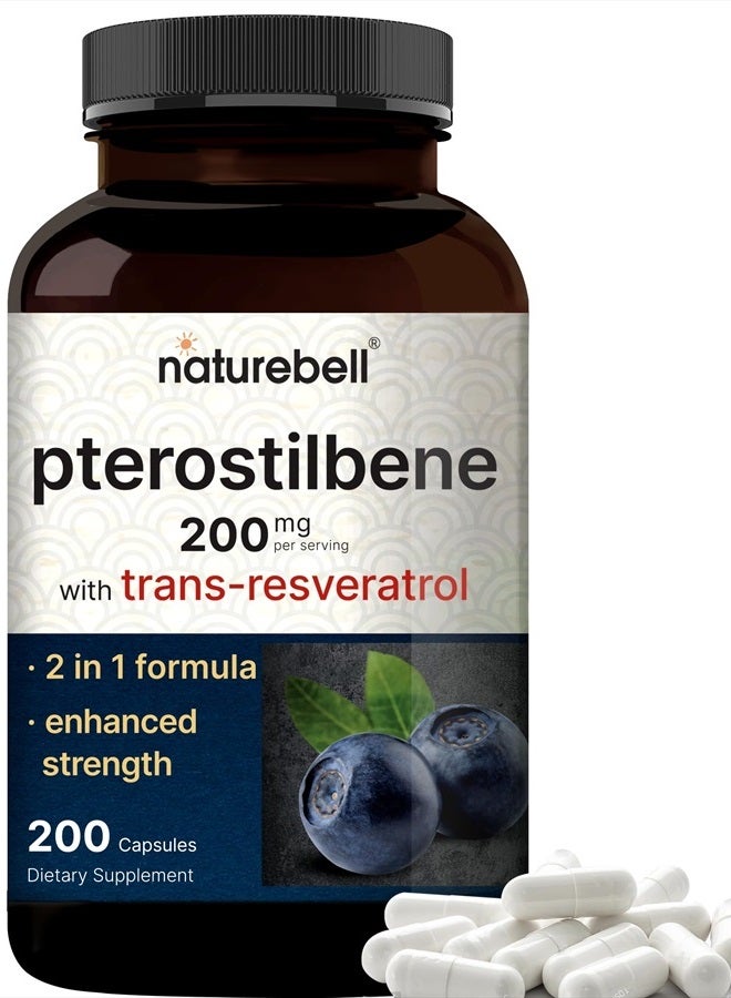 Pterostilbene with 98% Trans-Resveratrol, 200mg Per Serving, 200 Capsules | Naturally Sourced from Wild Blueberries – Antioxidant Supplement for Healthy Aging Support – Non-GMO