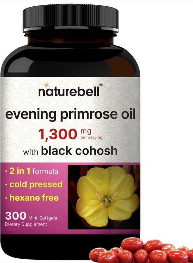 Evening Primrose Oil with Black Cohosh, 1,300mg Per Serving, 300 Mini-Softgels | Cold Pressed Seeds, Retains 130mg GLA for Womens Health & Skin Care Support – Hexane Free, Non-GMO