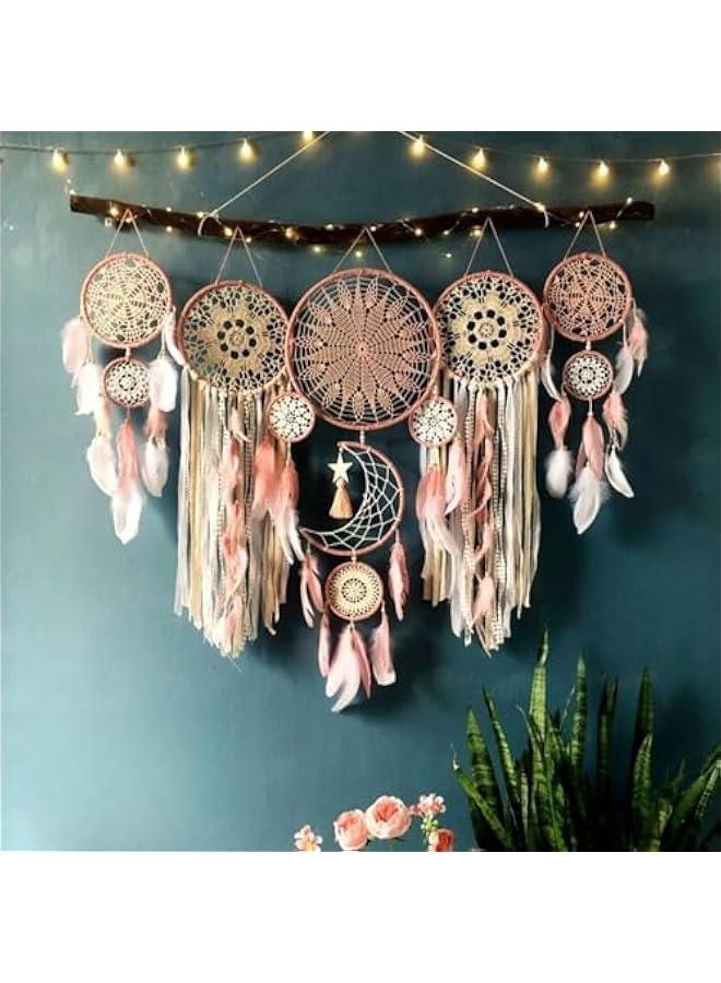 5 Pack Moon Phase Dreamcatcher Set Boho Wall Decor for Witchy Gifts, Daughter of The Moon Goddess Macrame Wall Hanging for Home, Bedroom, Living Room (Pink)