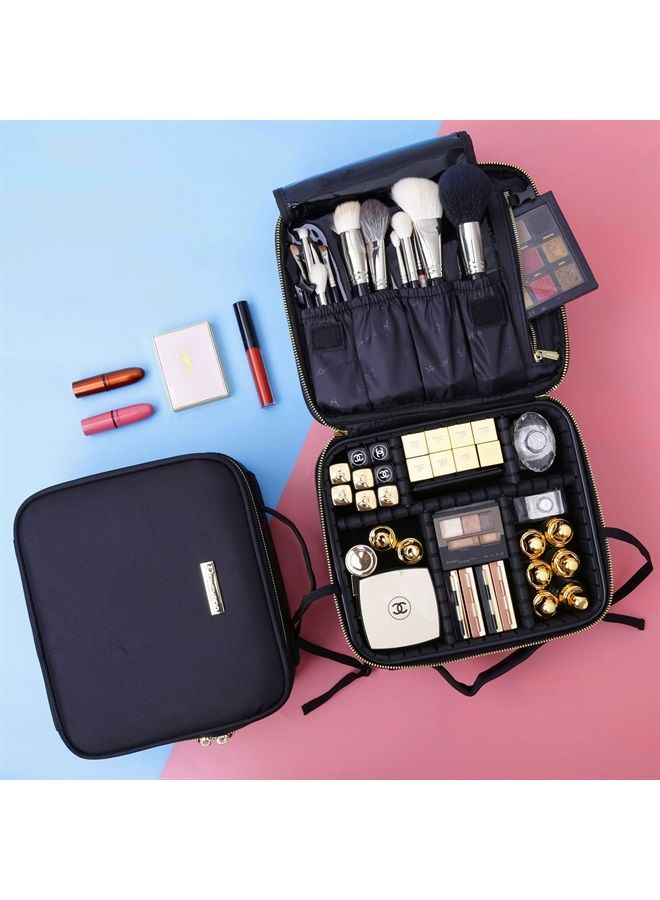 10“ Travel Makeup Bag Makeup Organizer Case Makeup Train Case Makeup Artist Bag Portable Cosmetic Bag Gift for Women with EVA Adjustable Dividers Small Black