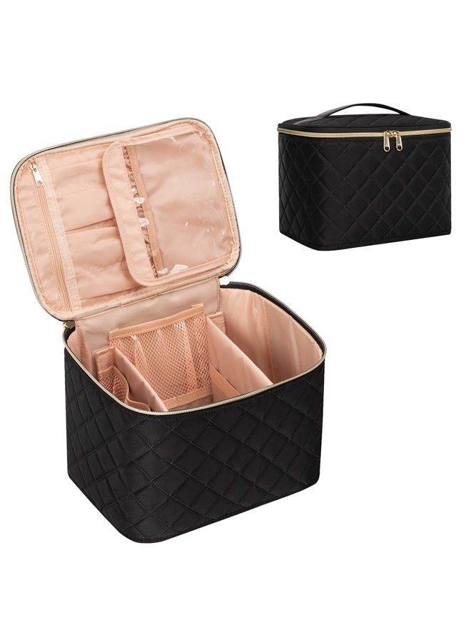 Makeup Bag,Large Travel Makeup Bag Organizer Cosmetic Bags for Women Washable Make Up Bag Makeup Organizer Case with Dividers - Large,Embossed Rhombus Black