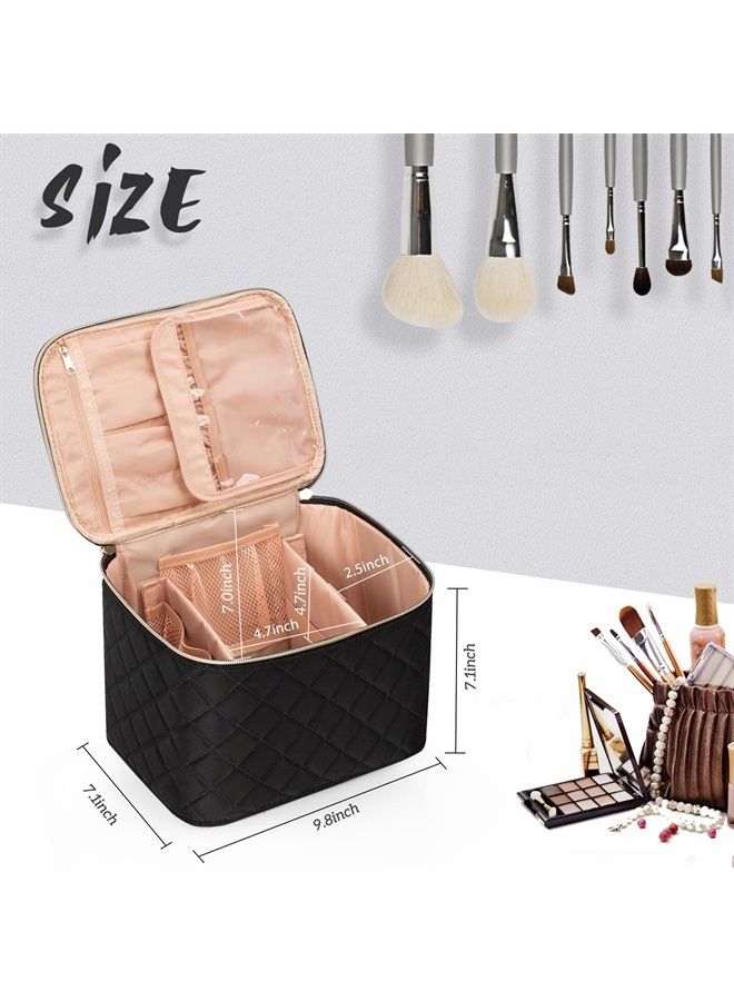 Makeup Bag,Large Travel Makeup Bag Organizer Cosmetic Bags for Women Washable Make Up Bag Makeup Organizer Case with Dividers - Large,Embossed Rhombus Black