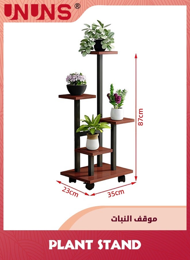 5 Tier Plant Stand With 4 Wheels,Metal Wood Tall Plant Stands For Indoor Plants Multiple,Corner Tiered Flower Plants Shelf Stand For Living Room Bedroom