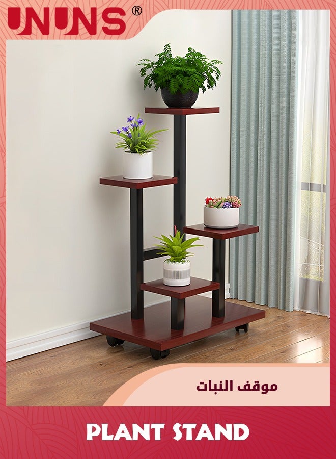 5 Tier Plant Stand With 4 Wheels,Metal Wood Tall Plant Stands For Indoor Plants Multiple,Corner Tiered Flower Plants Shelf Stand For Living Room Bedroom