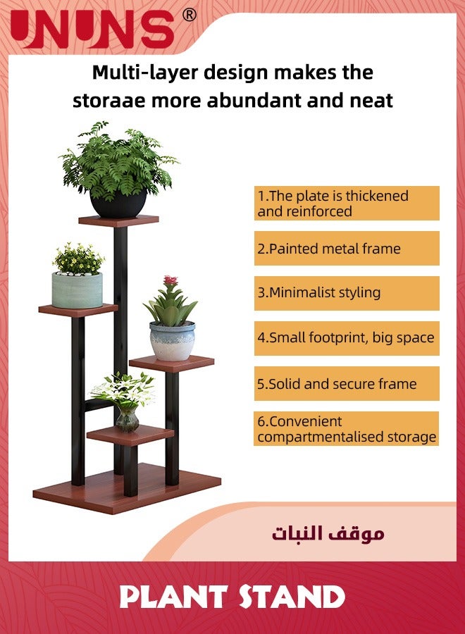 5 Tier Plant Stand With 4 Wheels,Metal Wood Tall Plant Stands For Indoor Plants Multiple,Corner Tiered Flower Plants Shelf Stand For Living Room Bedroom