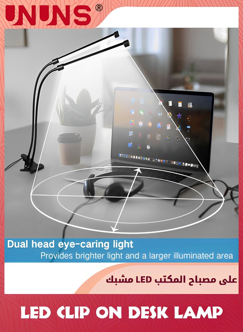 USB Clip Table Lamp,Dual Head Bright Eye-Care 3 Color Mode Desk Lamp with Clamp,5 Level Dimmer Clip On Light,360 °Adjustable Clip On Desk Lamp For Reading,Working,Bedroom,Music Stand