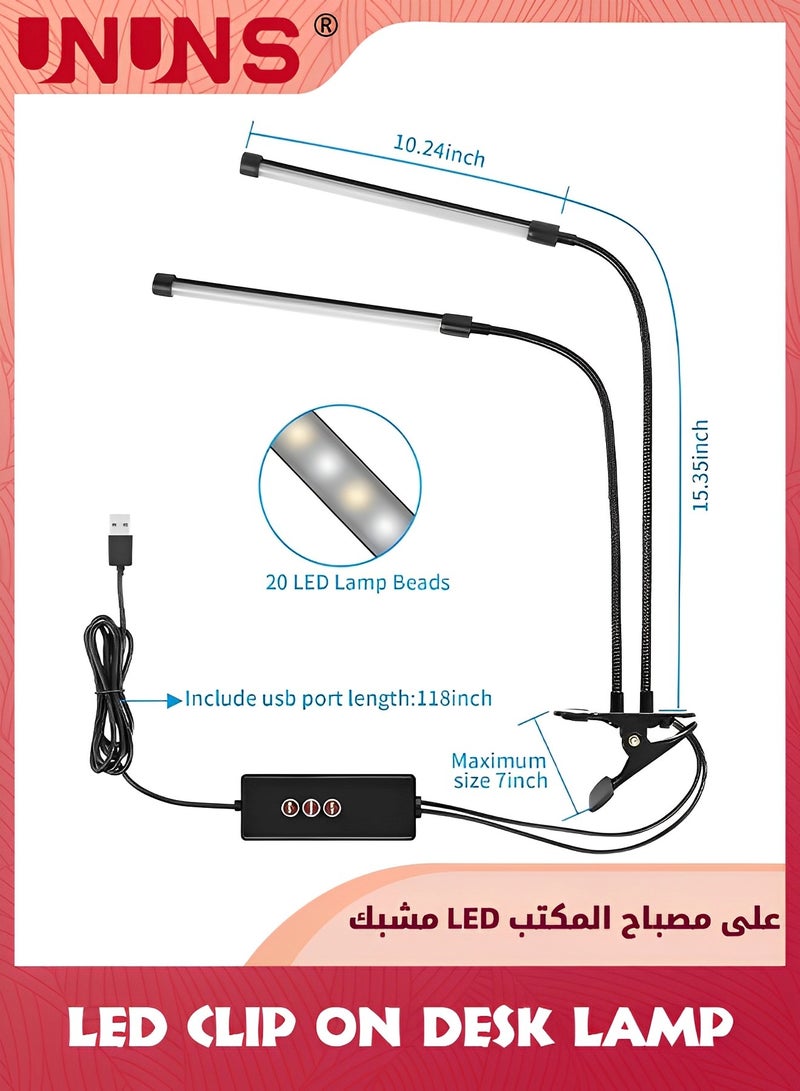 USB Clip Table Lamp,Dual Head Bright Eye-Care 3 Color Mode Desk Lamp with Clamp,5 Level Dimmer Clip On Light,360 °Adjustable Clip On Desk Lamp For Reading,Working,Bedroom,Music Stand