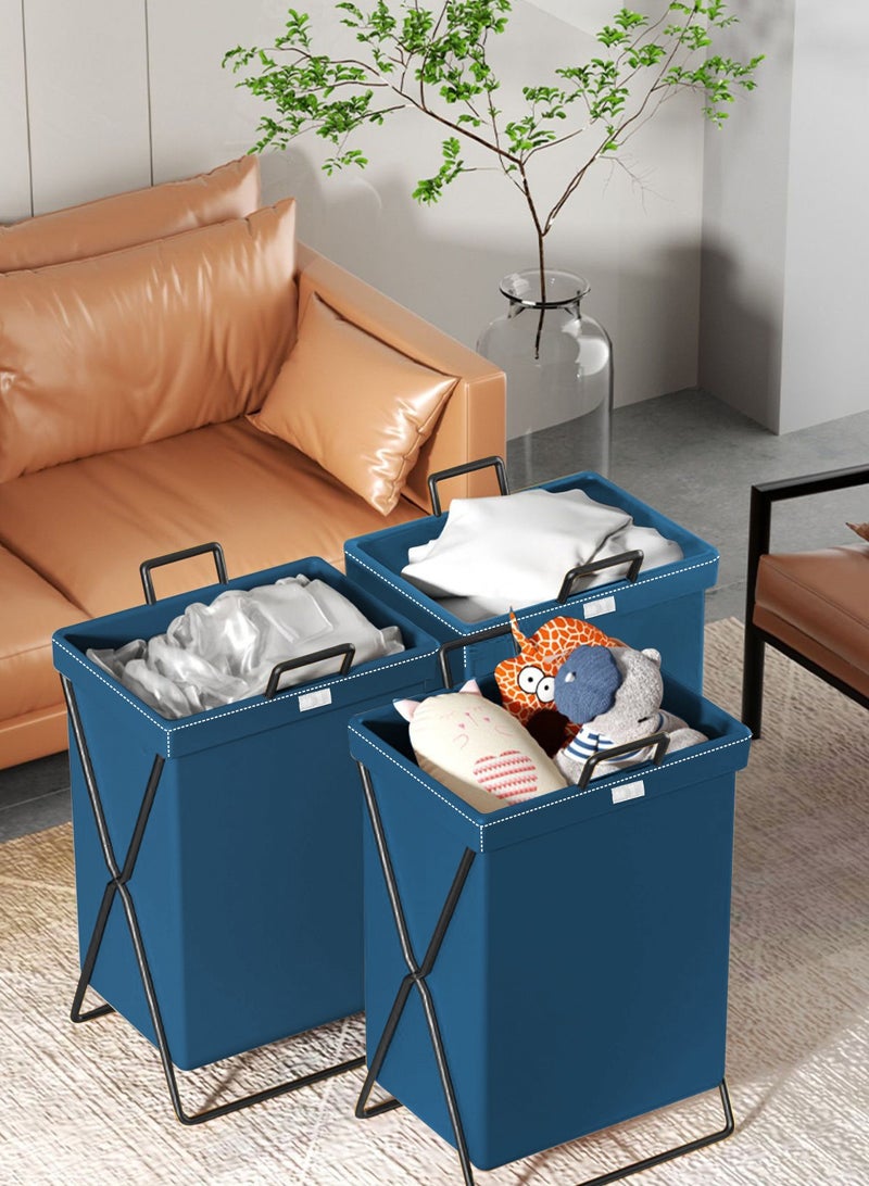 Large Laundry Basket, Waterproof, Freestanding Leather Laundry Hamper, Collapsible Tall Clothes Hamper with Extended Handles and Cover for Clothes Toys in the Dorm and Family-Blue