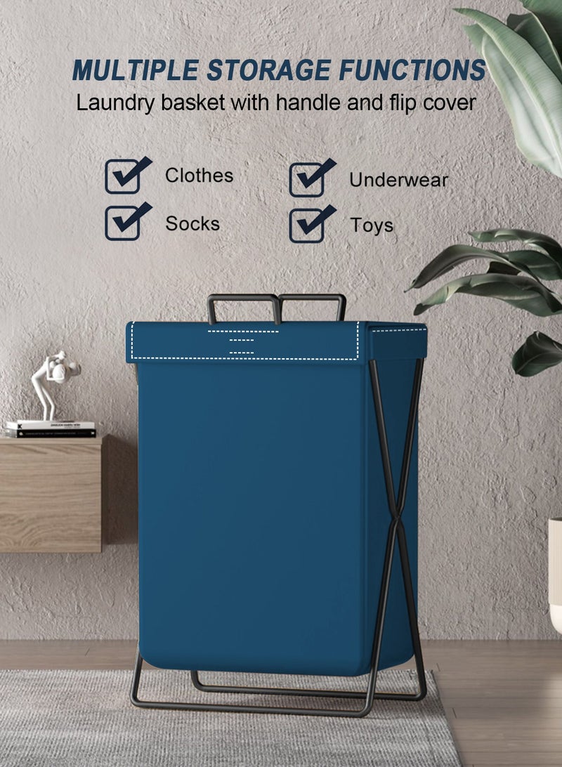 Large Laundry Basket, Waterproof, Freestanding Leather Laundry Hamper, Collapsible Tall Clothes Hamper with Extended Handles and Cover for Clothes Toys in the Dorm and Family-Blue