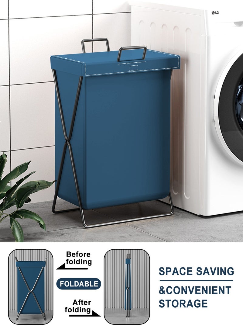 Large Laundry Basket, Waterproof, Freestanding Leather Laundry Hamper, Collapsible Tall Clothes Hamper with Extended Handles and Cover for Clothes Toys in the Dorm and Family-Blue