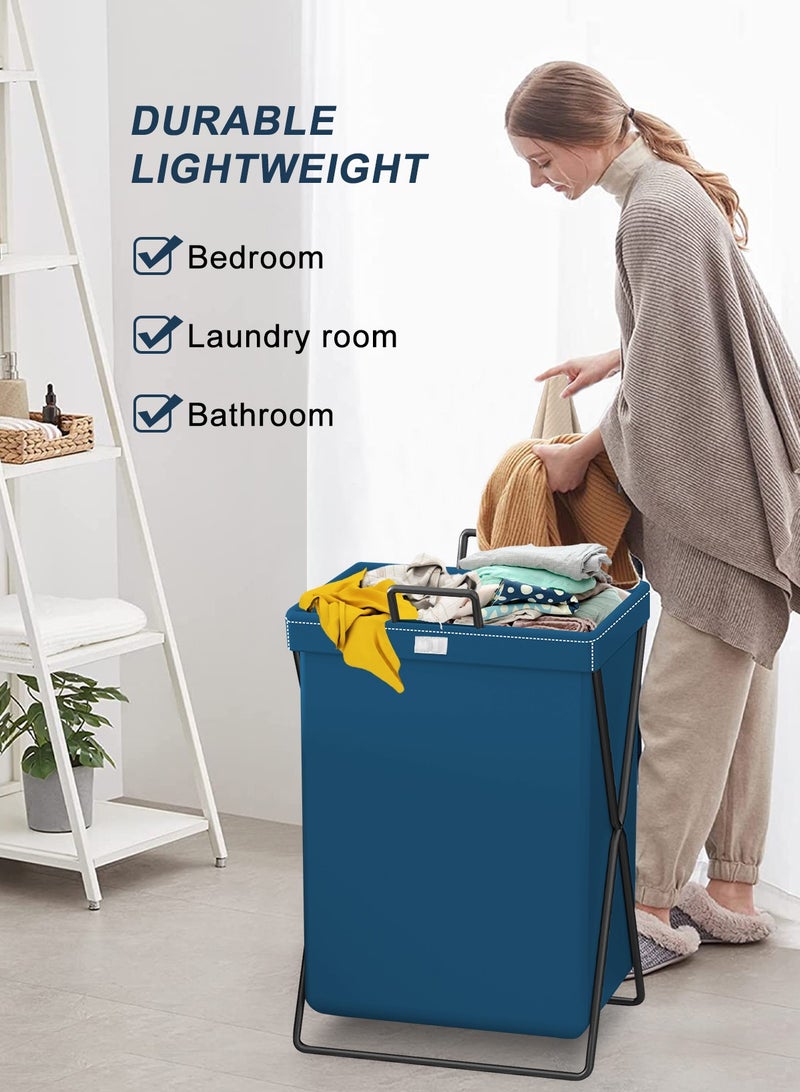 Large Laundry Basket, Waterproof, Freestanding Leather Laundry Hamper, Collapsible Tall Clothes Hamper with Extended Handles and Cover for Clothes Toys in the Dorm and Family-Blue