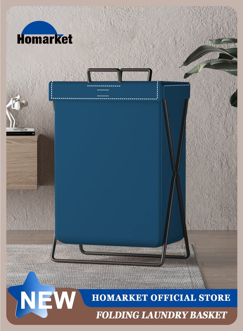 Large Laundry Basket, Waterproof, Freestanding Leather Laundry Hamper, Collapsible Tall Clothes Hamper with Extended Handles and Cover for Clothes Toys in the Dorm and Family-Blue