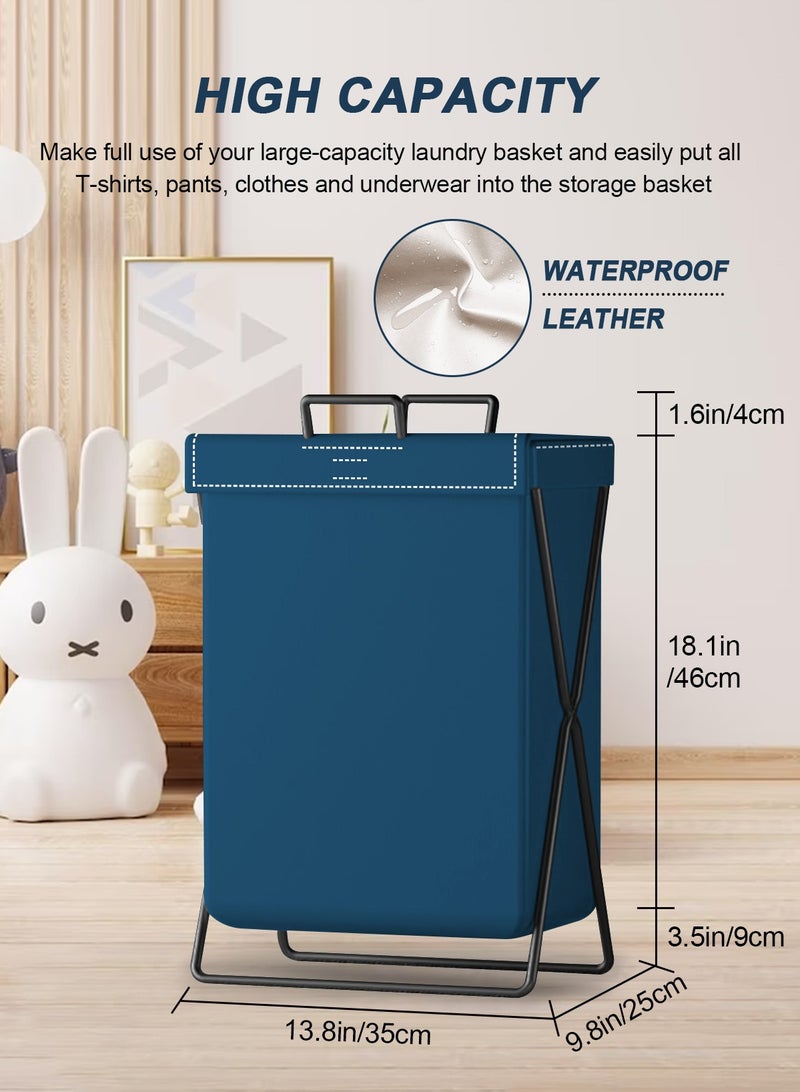 Large Laundry Basket, Waterproof, Freestanding Leather Laundry Hamper, Collapsible Tall Clothes Hamper with Extended Handles and Cover for Clothes Toys in the Dorm and Family-Blue