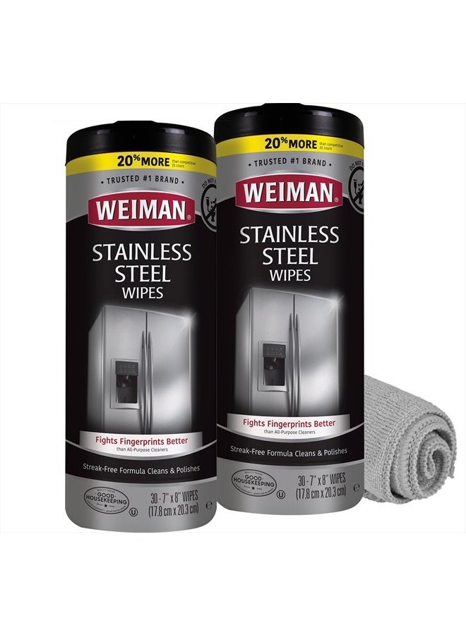 Stainless Steel Cleaner and Polish Wipes Bundle with Microfiber Cloth-Removes Fingerprints, Water Marks and Grease from Appliances - Works Great on Refrigerators, Ovens, and Grills