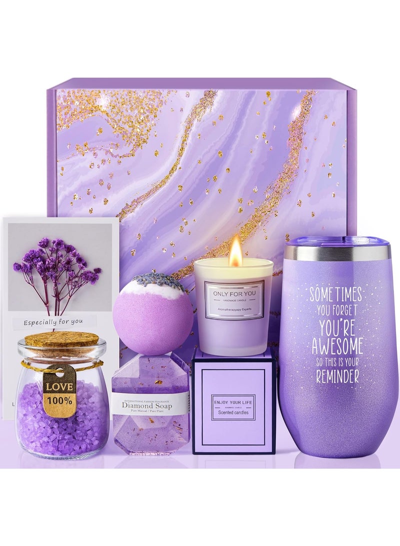 Remy Belle Gift Basket for Women - 6PC Scented Candles & Bath Bombs Set, Gifts for Women (Purple)