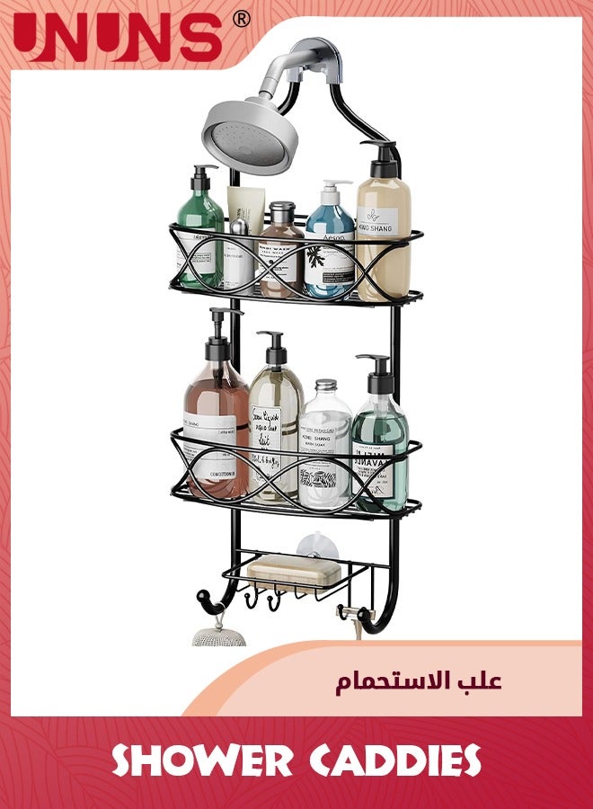 Hanging Shower Caddy,Over Head Shower Caddy Basket With Hooks For Razor And Sponge,Black Rust Proof Metal Large Bathroom Organizer For Shampoo,Conditioner,Body Wash,Soap,Black