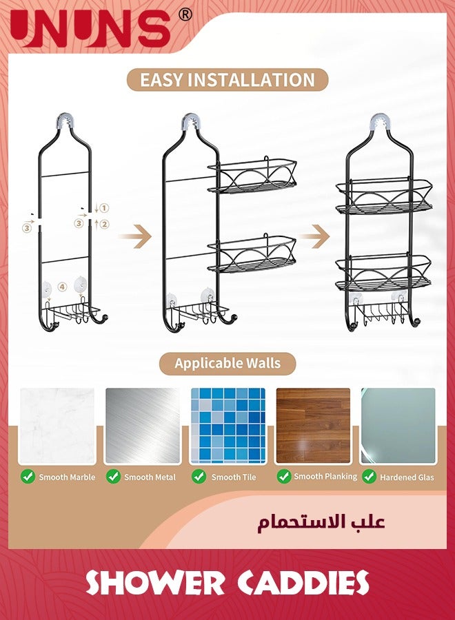 Hanging Shower Caddy,Over Head Shower Caddy Basket With Hooks For Razor And Sponge,Black Rust Proof Metal Large Bathroom Organizer For Shampoo,Conditioner,Body Wash,Soap,Black