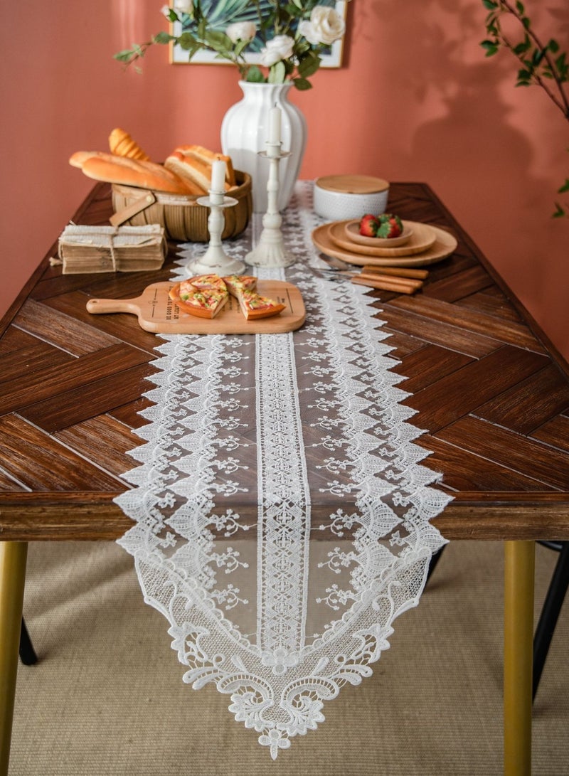 Embroidery Lace Table Runner 35*200cm Washable White Table Cloth for Decoration