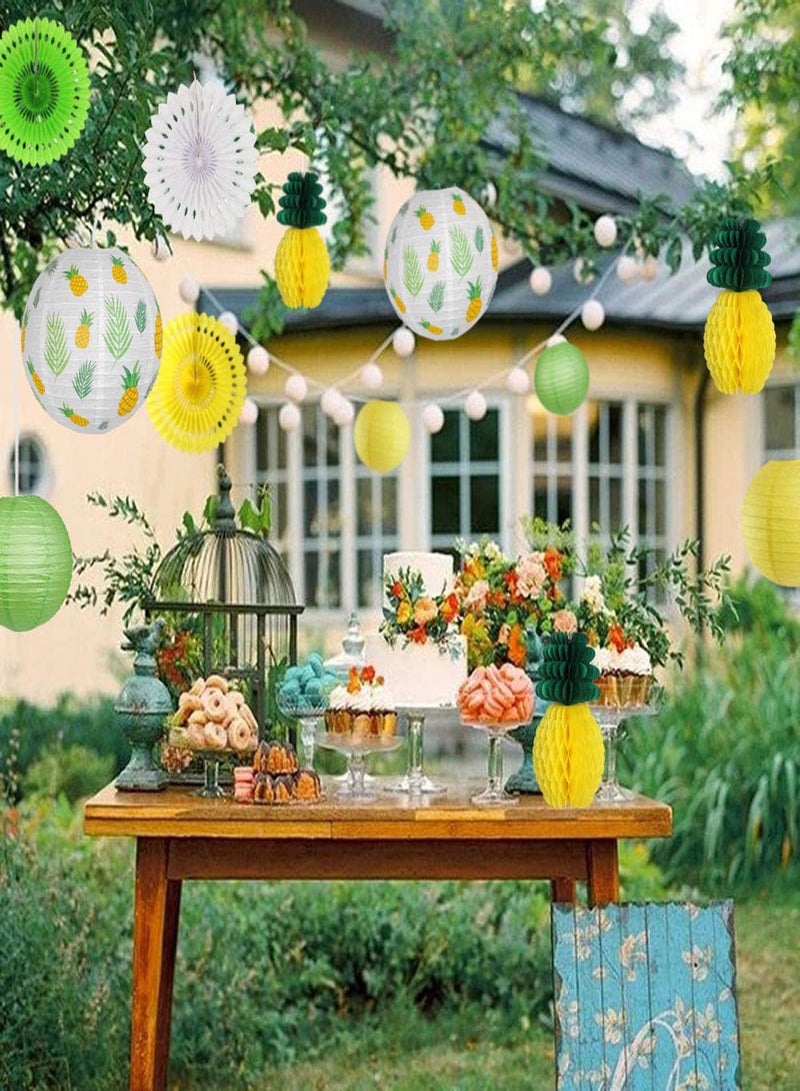 Pineapple Party Decorations, 10Pcs Hawaiian Party Supplies Tropical Leaves Hanging Paper Lanterns Pineapple Honeycomb Tissue Paper Fans for Birthday Luau Summer Party Home Decoration Party