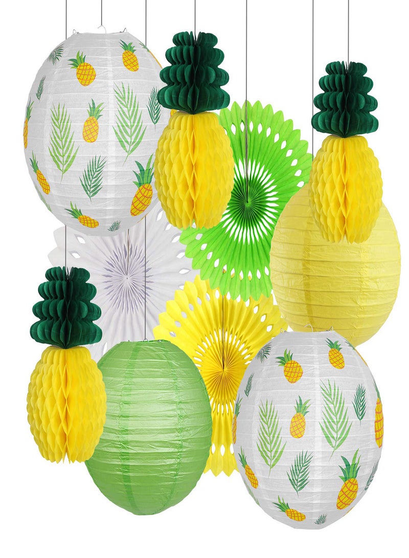 Pineapple Party Decorations, 10Pcs Hawaiian Party Supplies Tropical Leaves Hanging Paper Lanterns Pineapple Honeycomb Tissue Paper Fans for Birthday Luau Summer Party Home Decoration Party