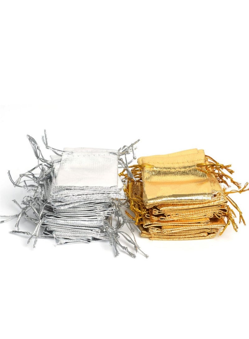 100 PCS 3X4 inches Drawstring Satin Bags Mixed Gold Silver Jewelry Wedding Party Marbles Coins Pouches Bag (100 pcs Mix Gold Silver)