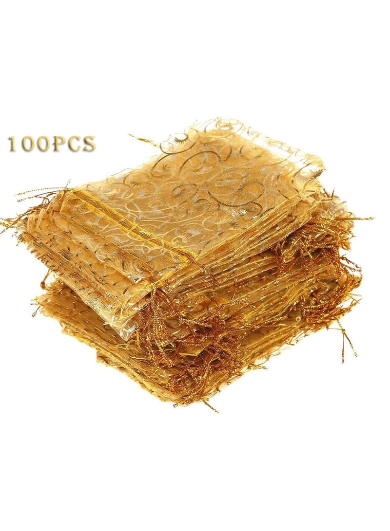 100PCS Mini Sheer Organza Bags Champagne Eyelash Organza Bags, Drawstring Chic Gift Beauty Bags, Wedding Favor Bags Candy Jewelry Gift Bags (10 * 15cm Gold)