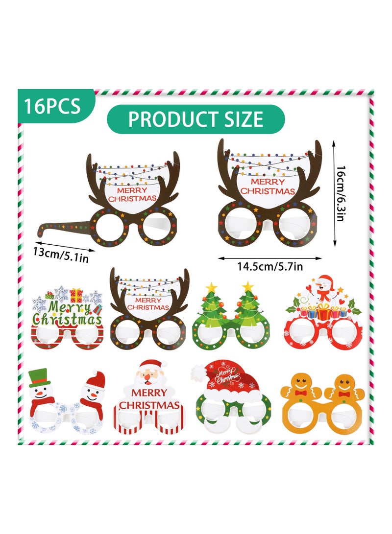 Christmas Paper Eyeglasses, 16 Pcs Christmas Party Favors Eyeglasses for Kids, Christmas Costume Eyewear Decoration Accessory Supplies Antlers Reindeer Santa Snowman Eyeglasses