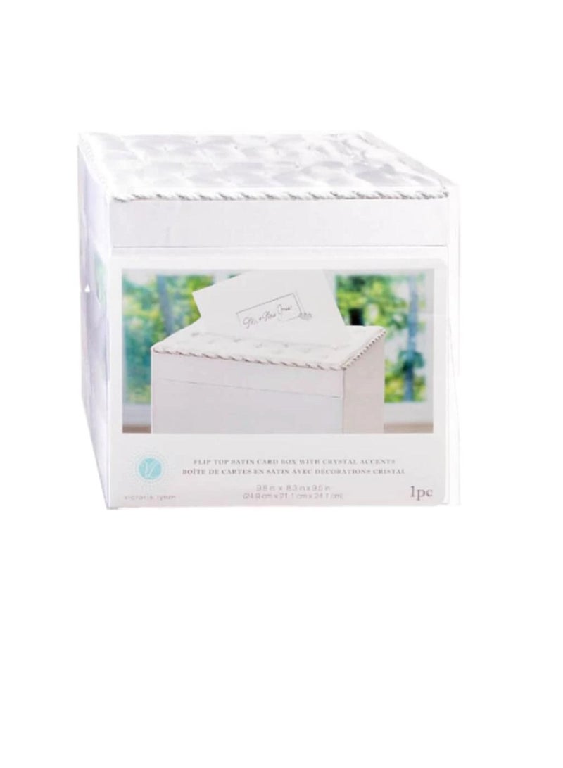 Satin Flip Top Wedding Card Box with Crystals White