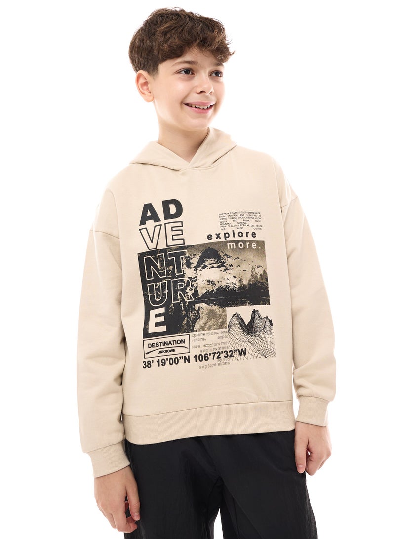 Boys' Hoodie Graphic Print-  Beige