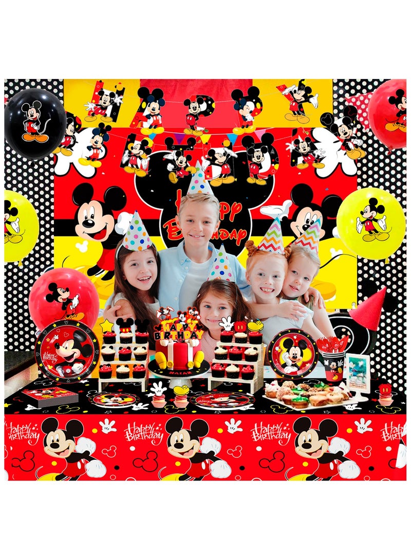 Mickey Mouse Birthday Party Decorations for 10 Guests, Mickey Disposable Party Tableware Set Cartoon Themed Party Plates Napkins Tablecloth Balloon